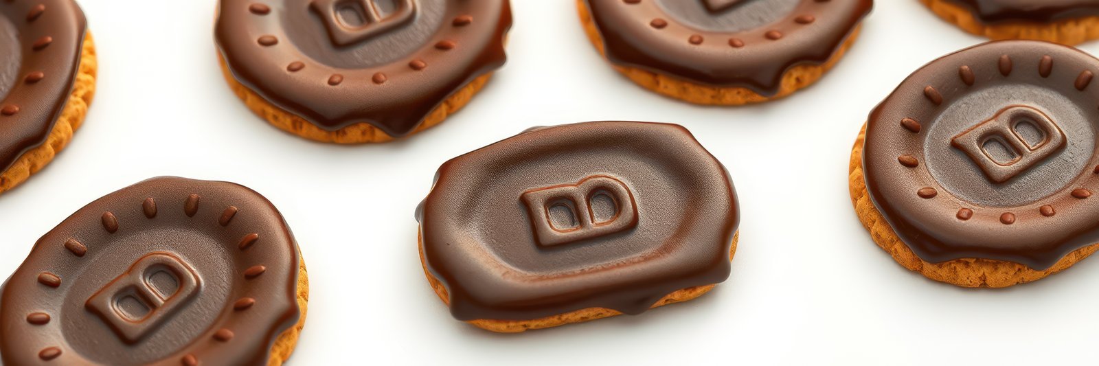 Delicious chocolate-covered cookies arranged neatly on a white surface, showcasing enticing designs and textures